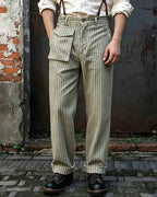 Vintage Sage Green Striped Front Patch Pocket Trousers