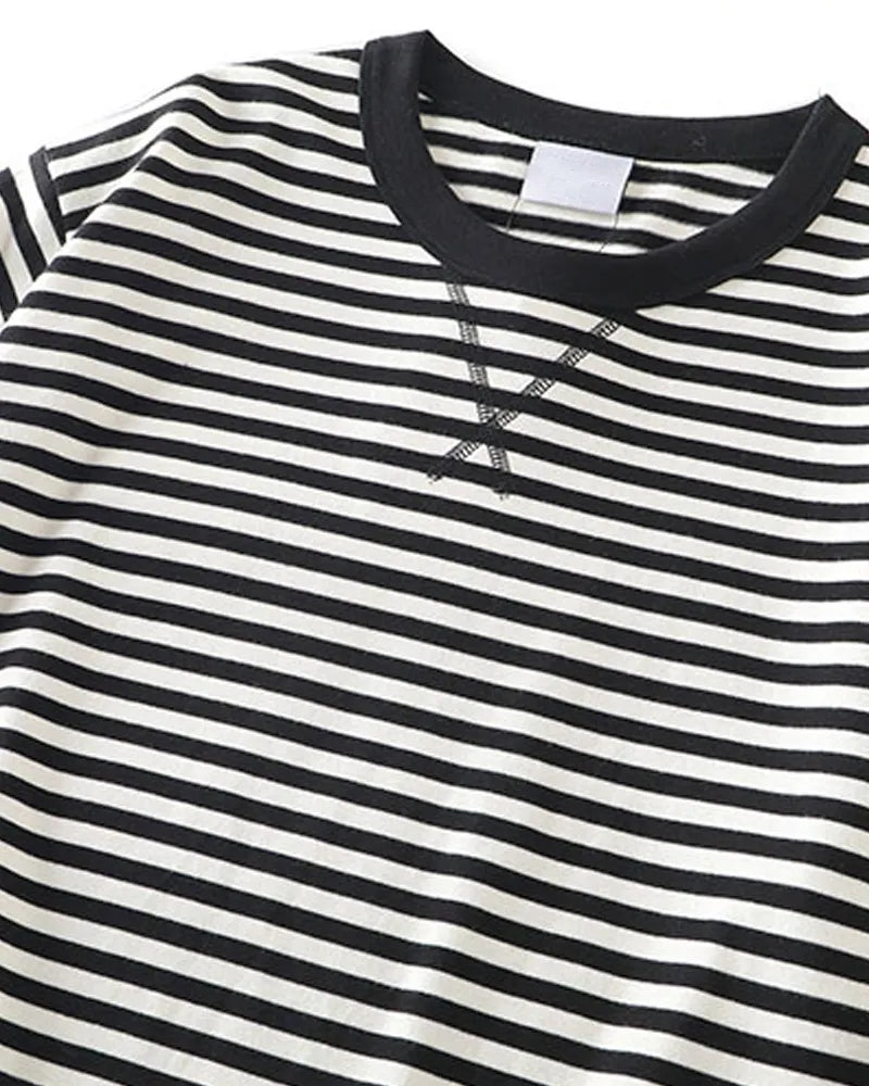 Vintage Nautical Horizontal Stripe X-Stitch Crew Neck Long Sleeve Sailor Tee