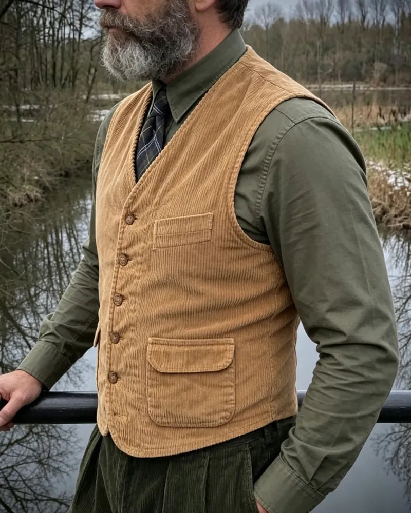 Vintage Camel Corduroy Single-breasted Vest