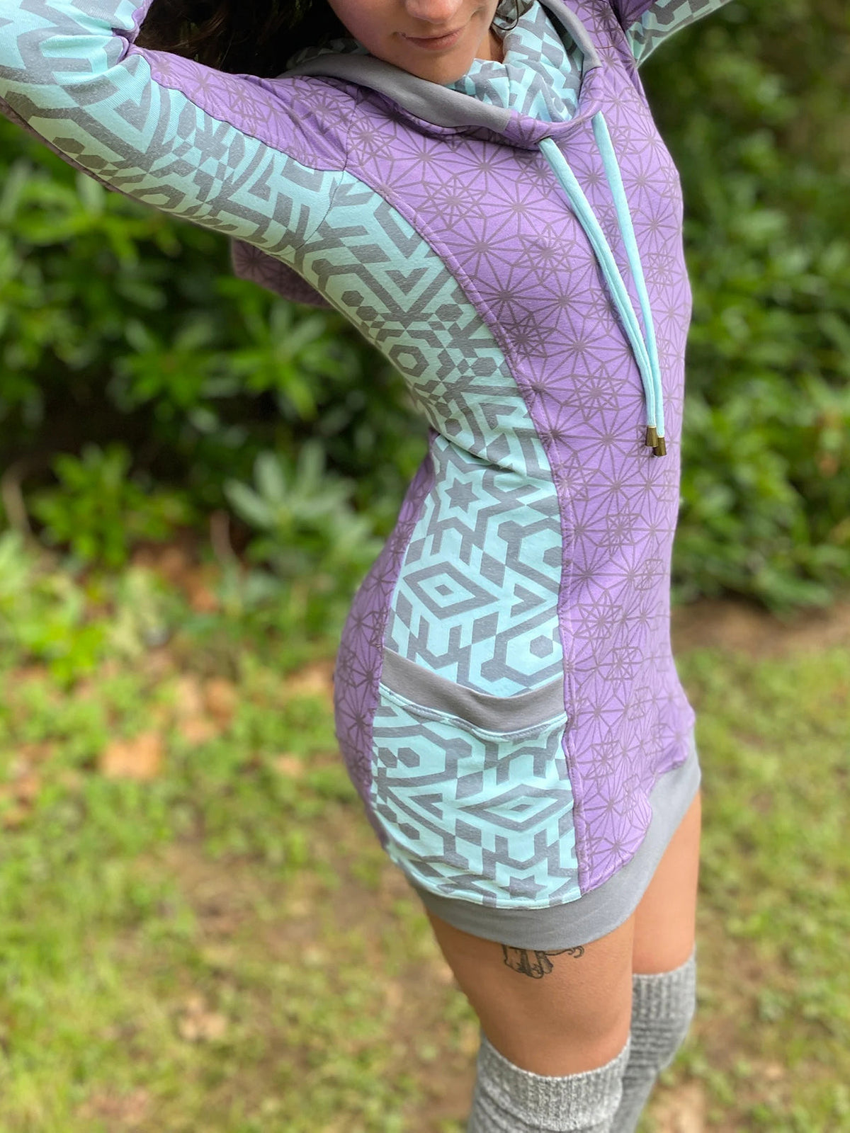 The Side Panel Portal Dress Purple Cowl Hooded Dress with Pockets