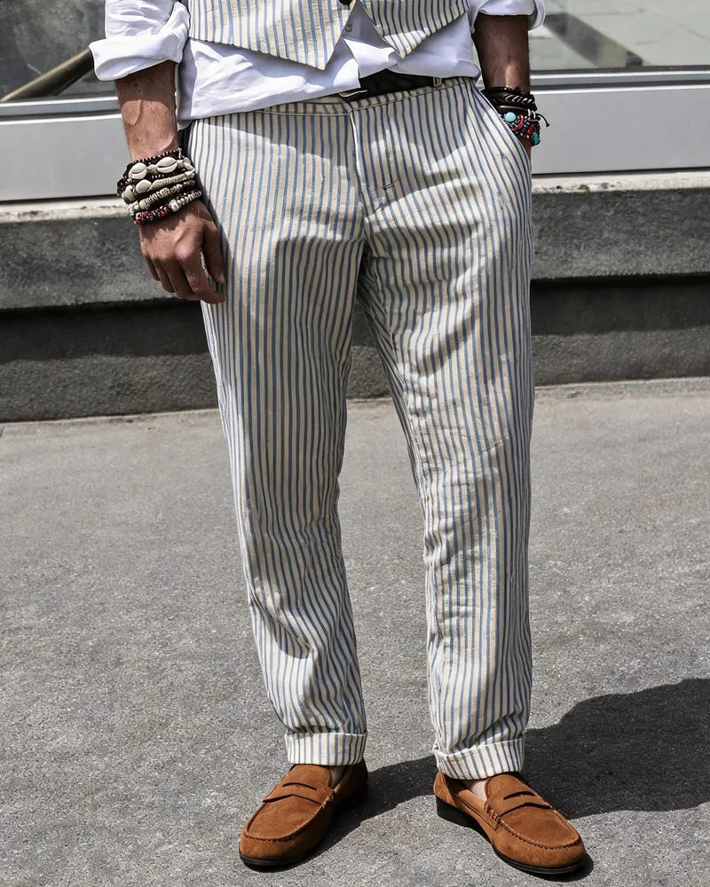 Vintage Blue Cream Vertical Stripe Tapered Casual Trousers