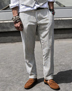 Vintage Blue Cream Vertical Stripe Tapered Casual Trousers
