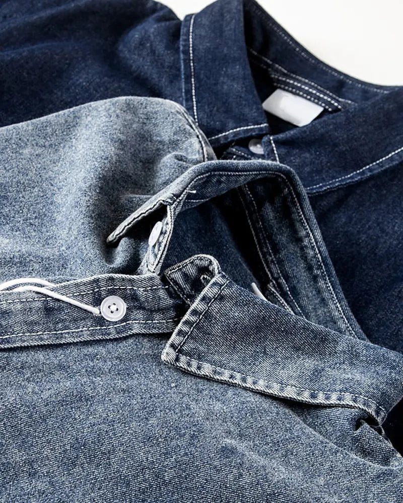 Vintage Contrast Stitch Dual Pocket Loose Long Sleeve Denim Shirt