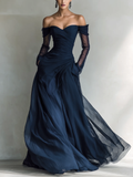 Elegant Dark Blue Long-Sleeve Off-Shoulder Chiffon Organza Maxi Dress