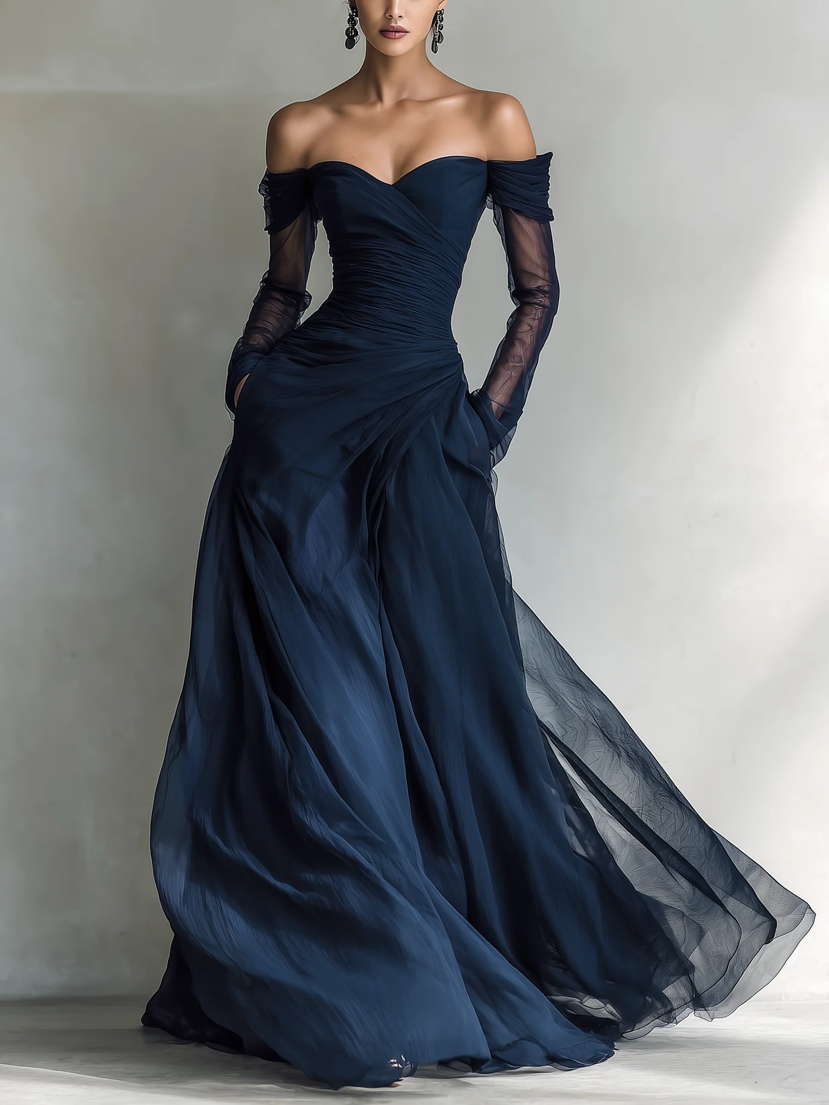 Elegant Dark Blue Long-Sleeve Off-Shoulder Chiffon Organza Maxi Dress