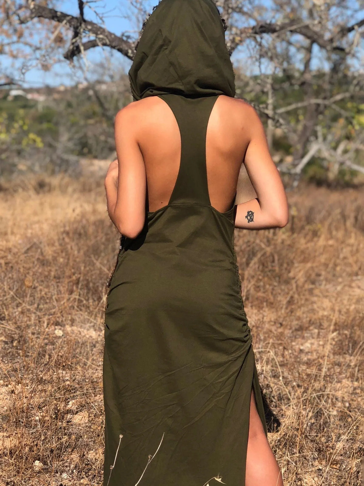 Boho Racerback Maxi Dress: Cotton Hooded Festival Dress