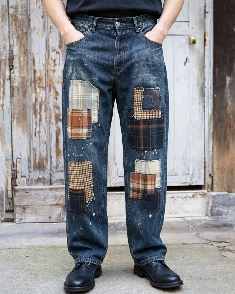 Vintage Denim Multi©\Plaid©\Patchwork Tapered Jeans