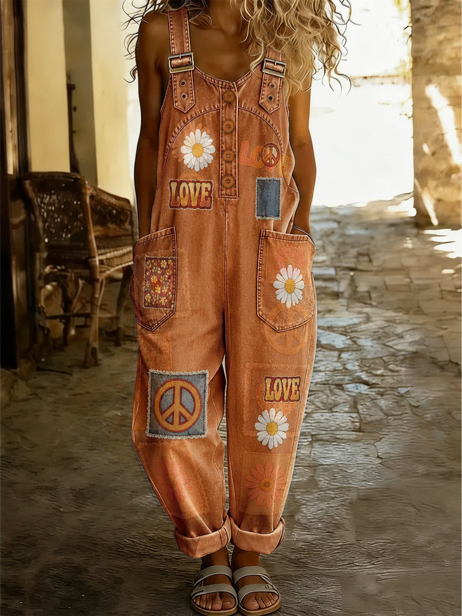 Women's Retro Style Art Print Washed Cotton Denim Patchwork Jumpsuit