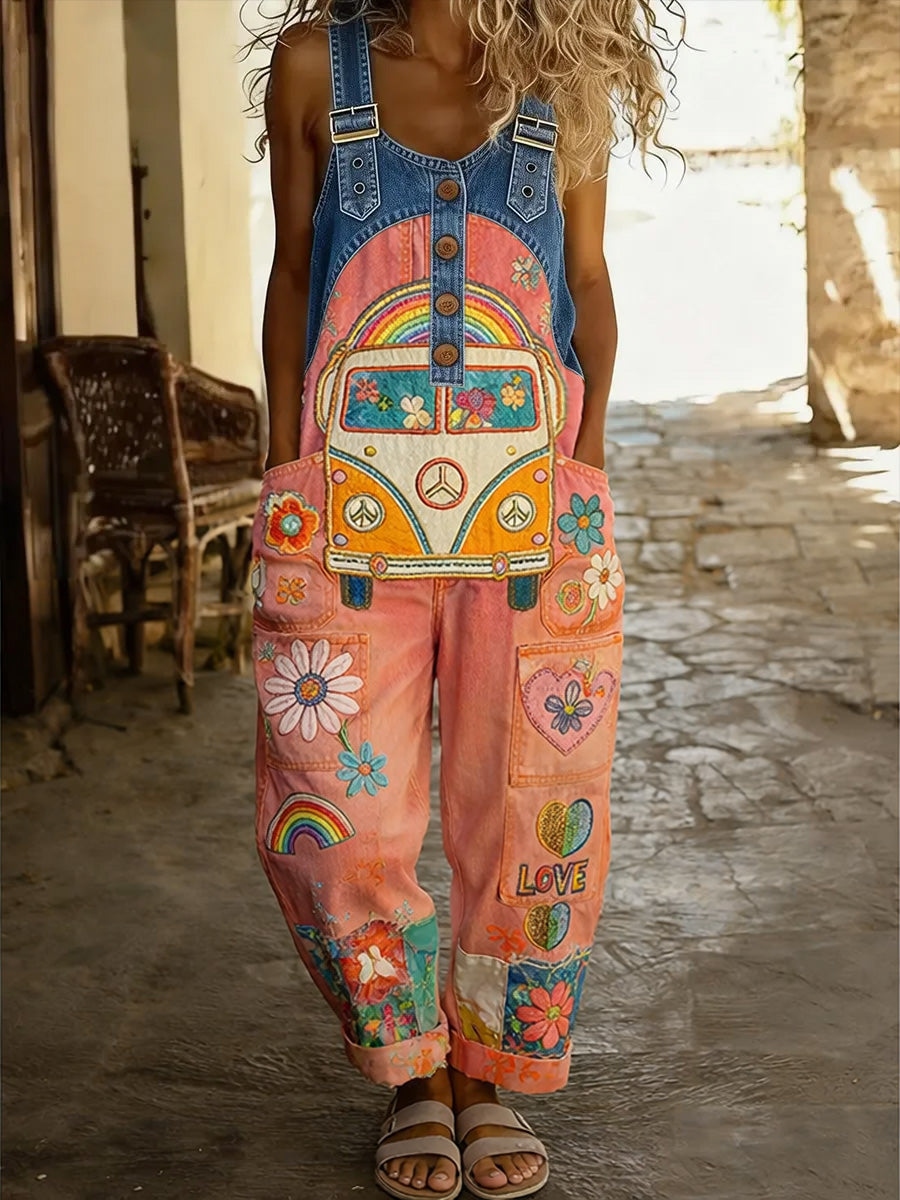 Women's Hippy Art Print Washed Cotton Denim Patchwork Jumpsuit