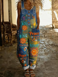 Women's Retro Style Art Print Washed Cotton Denim Patchwork Jumpsuit