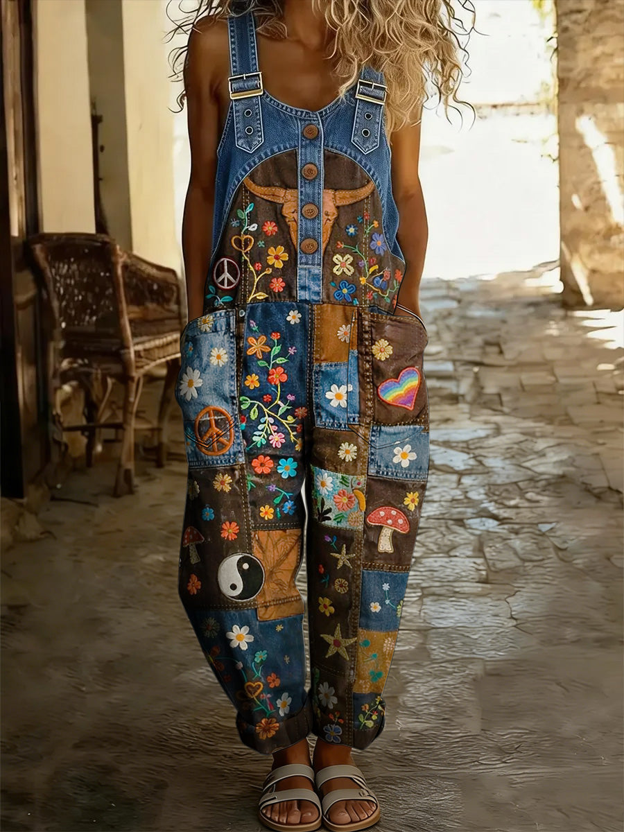 Women's Retro Floral Color-Blocked Art Print Washed Cotton Denim Patchwork Jumpsuit