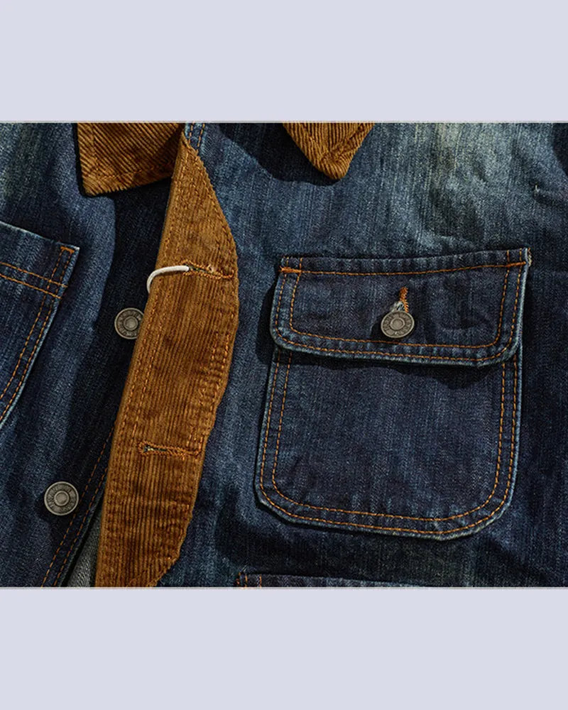 Vintage Corduroy Collar Multi©\Pocket Chore Denim Jacket
