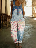 Women's Retro Floral Color-Blocked Art Print Washed Cotton Denim Patchwork Jumpsuit