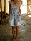 Retro Pride Month Rainbow Art Print Washed Cotton Denim Patchwork Jumpsuit