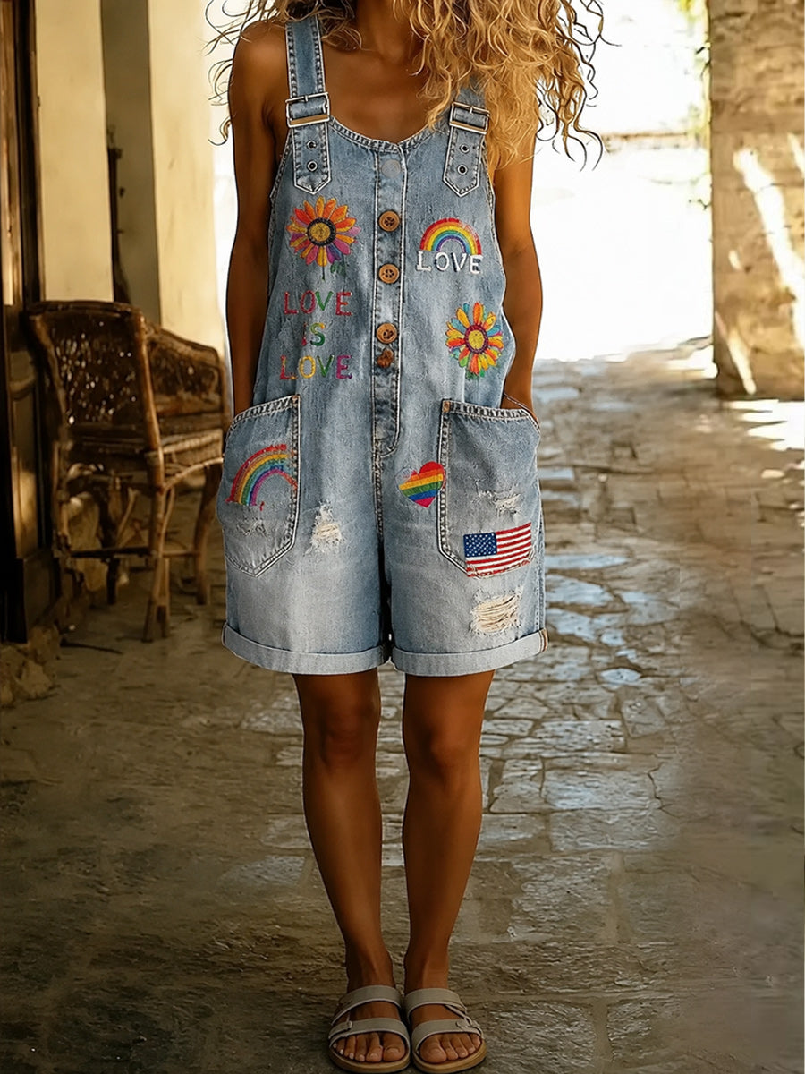 Retro Pride Month Rainbow Art Print Washed Cotton Denim Patchwork Jumpsuit