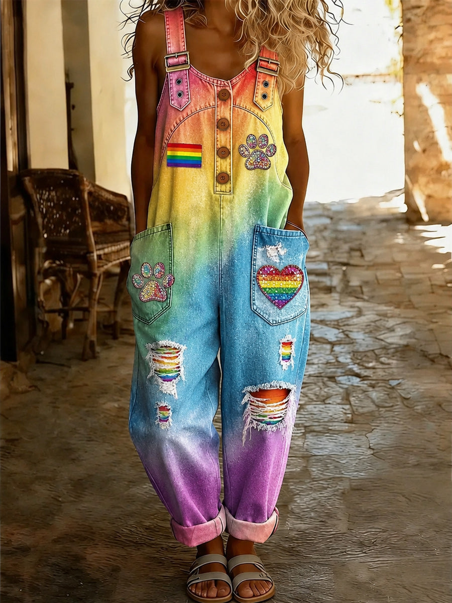 Women's Retro Pride Month Rainbow Art Print Washed Cotton Denim Patchwork Jumpsuit