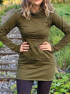 Fitted Long Sleeve Short Dress, Turtle Neck Cotton Stretch Thumbhole Mini Dress, Alternative Festival Clothing