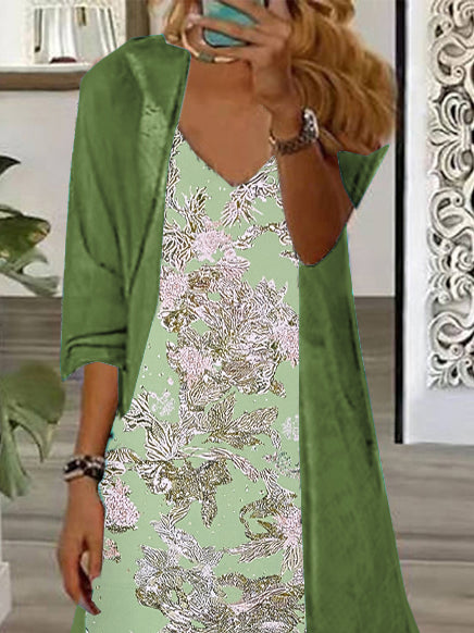 Women's Long Sleeve V-neck Graphic Printed Two Pieces Maxi Dress