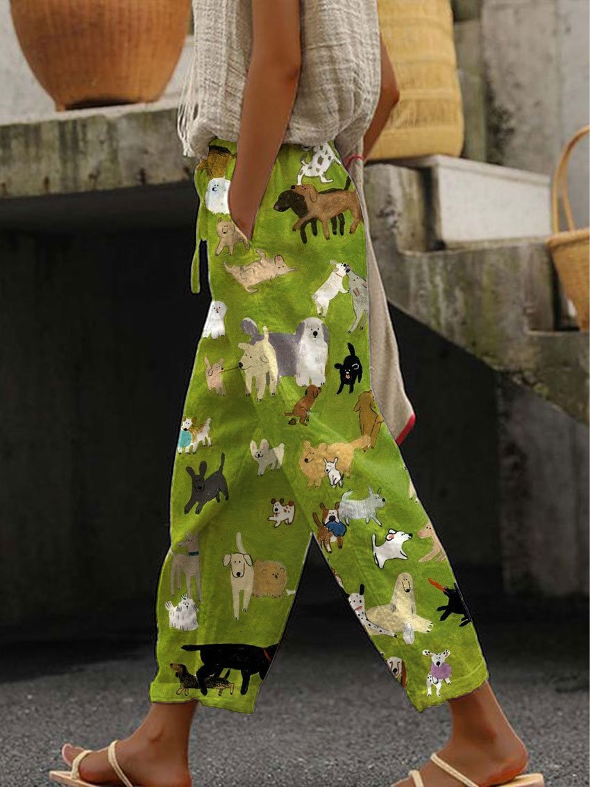 Women's Cute Dog Lover Printed Cotton Casual Pants
