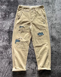 Vintage Khaki Distressed Patchwork Twill Loose Straight Leg Trousers