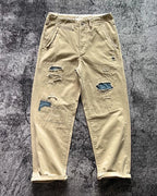 Vintage Khaki Distressed Patchwork Twill Loose Straight Leg Trousers