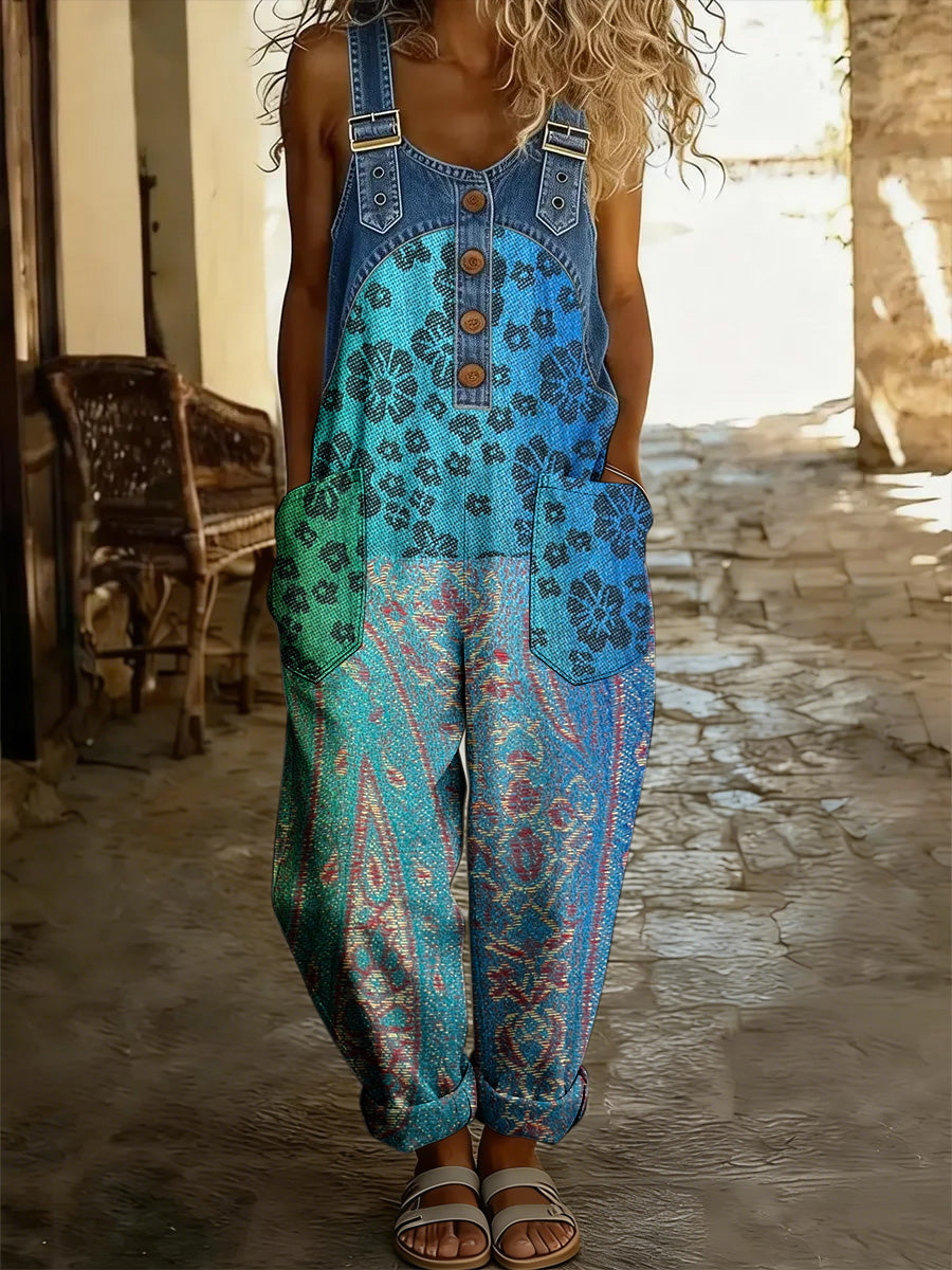 Women's Floral Art Print Washed Cotton Denim Patchwork Jumpsuit