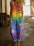 Women's Retro Style Art Print Washed Cotton Denim Patchwork Jumpsuit