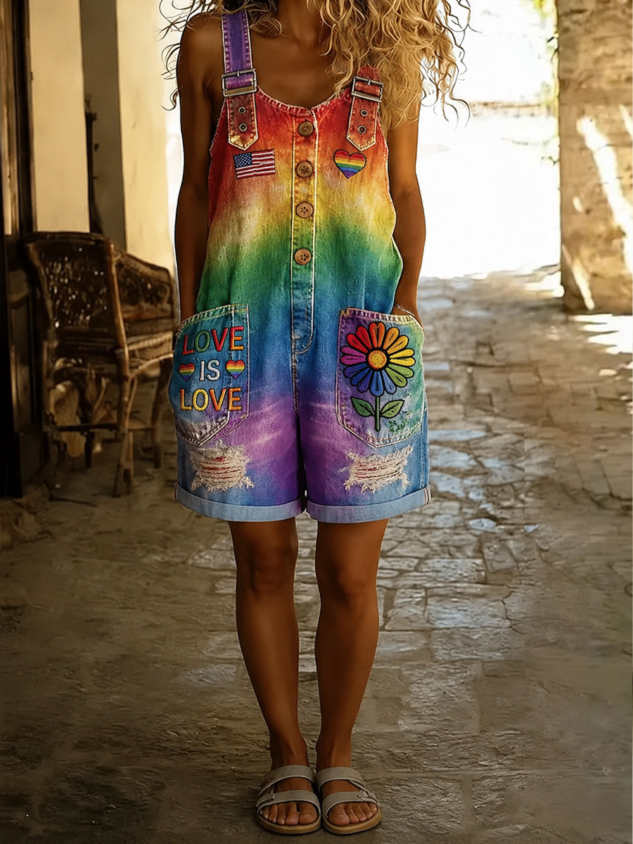 Retro Pride Month Rainbow Art Print Washed Cotton Denim Patchwork Jumpsuit