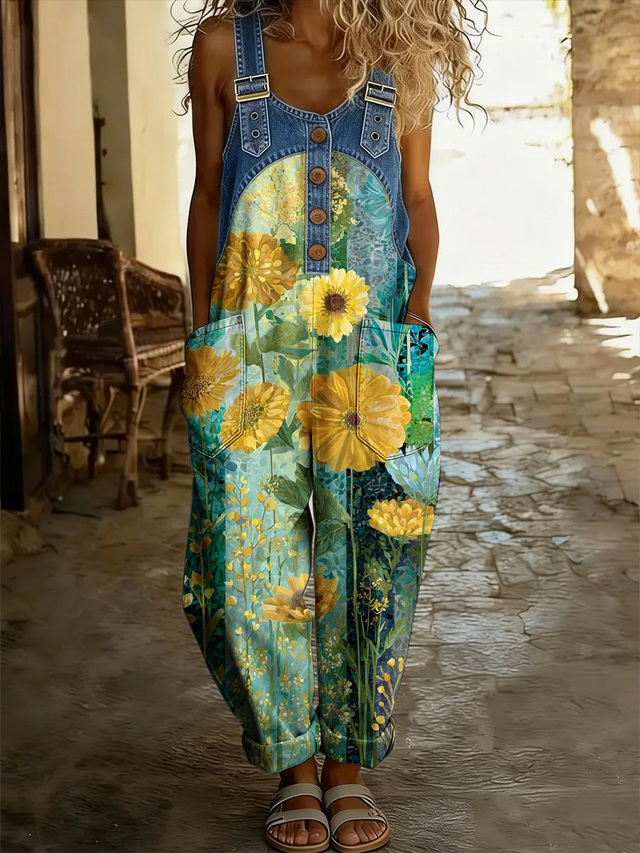 Women's Retro Floral Color-Blocked Art Print Washed Cotton Denim Patchwork Jumpsuit