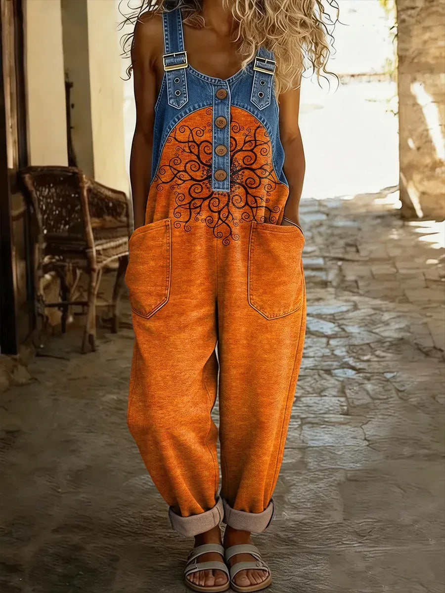 Women's Retro Floral Color-Blocked Art Print Washed Cotton Denim Patchwork Jumpsuit