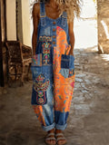 Women's Retro Style Print Washed Cotton Denim Patchwork Jumpsuit
