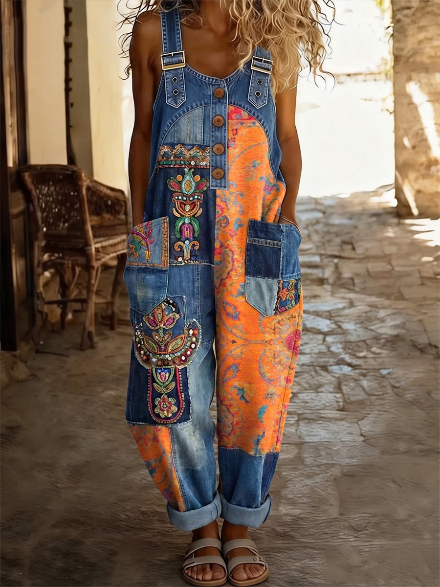 Women's Retro Style Print Washed Cotton Denim Patchwork Jumpsuit