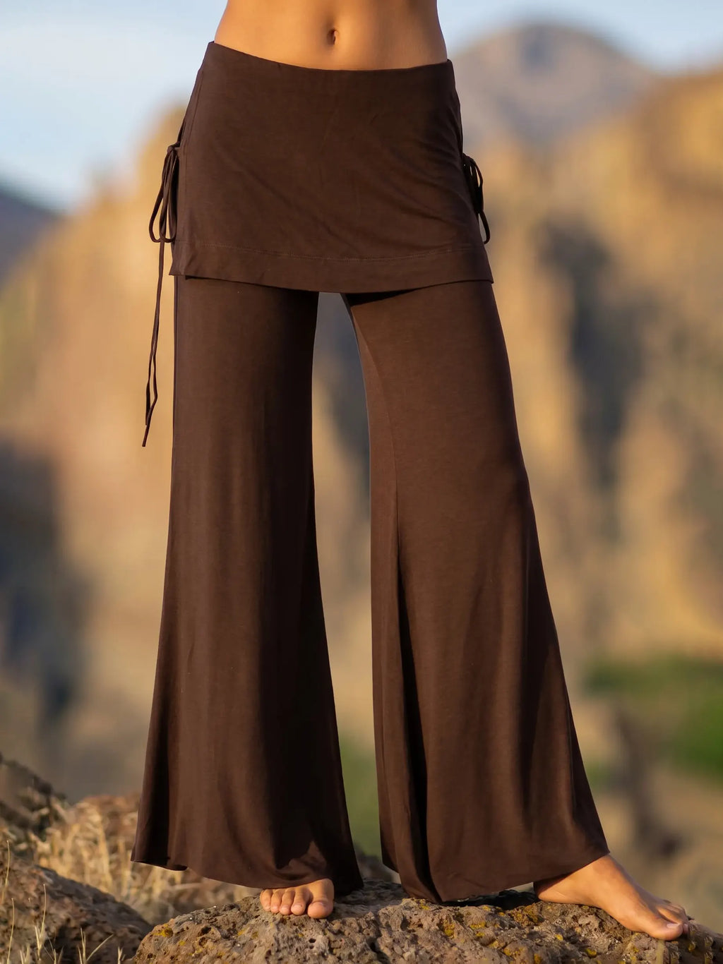 Faux Two-Piece Skirt-Waistband Wide Leg Pants with Dual Adjustable Side Ties and Draped Flow