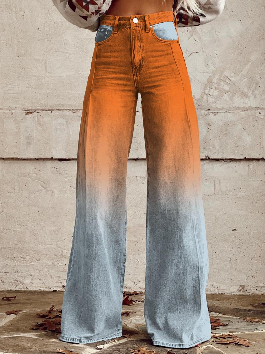 Women's Orange Light Blue Print Casual Wide Leg Pants