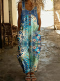 Women's Retro Floral Color-Blocked Art Print Washed Cotton Denim Patchwork Jumpsuit