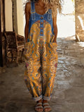 Women's Retro Style Print Washed Cotton Denim Patchwork Jumpsuit