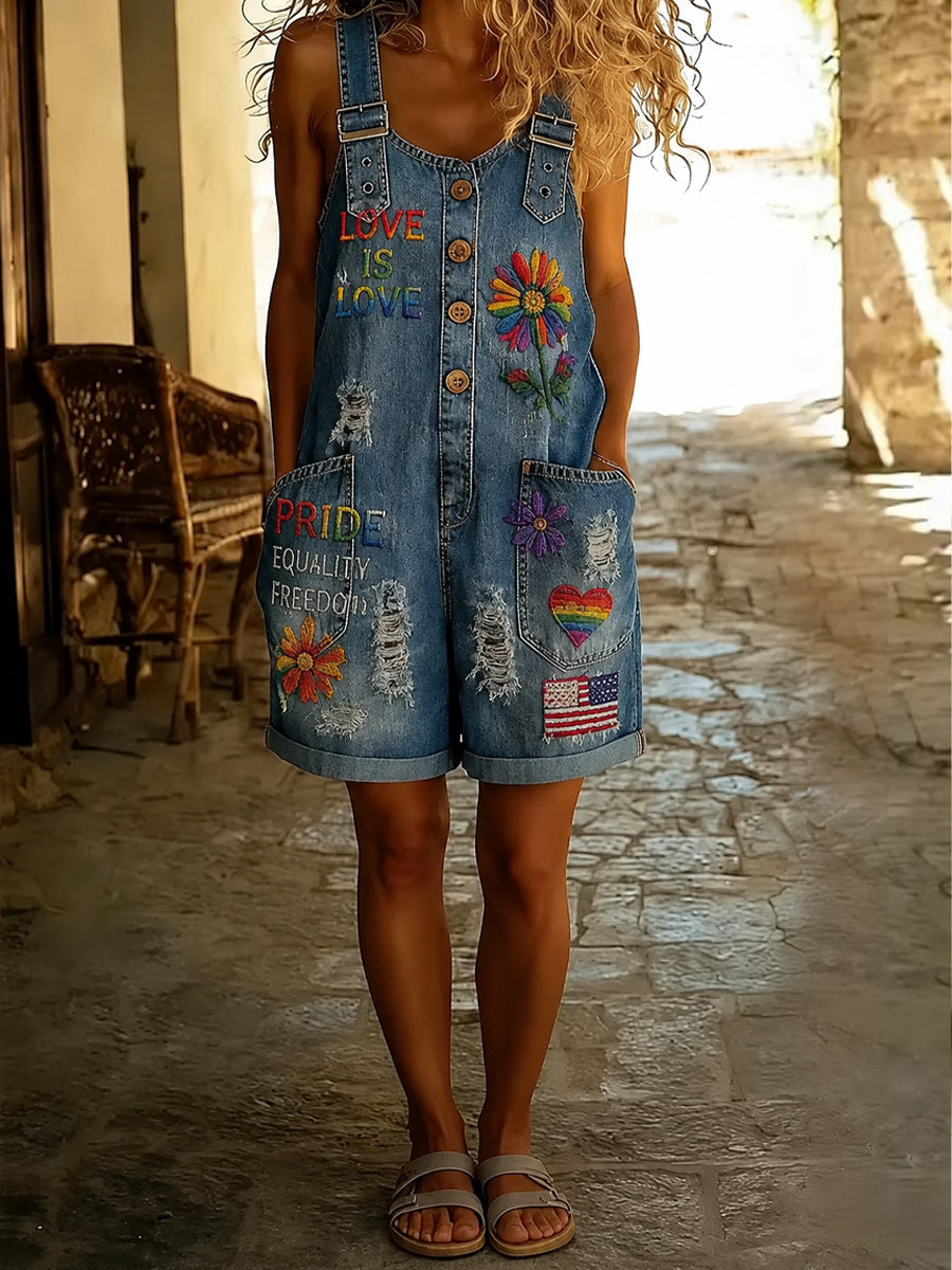 Retro Pride Month Rainbow Art Print Washed Cotton Denim Patchwork Jumpsuit