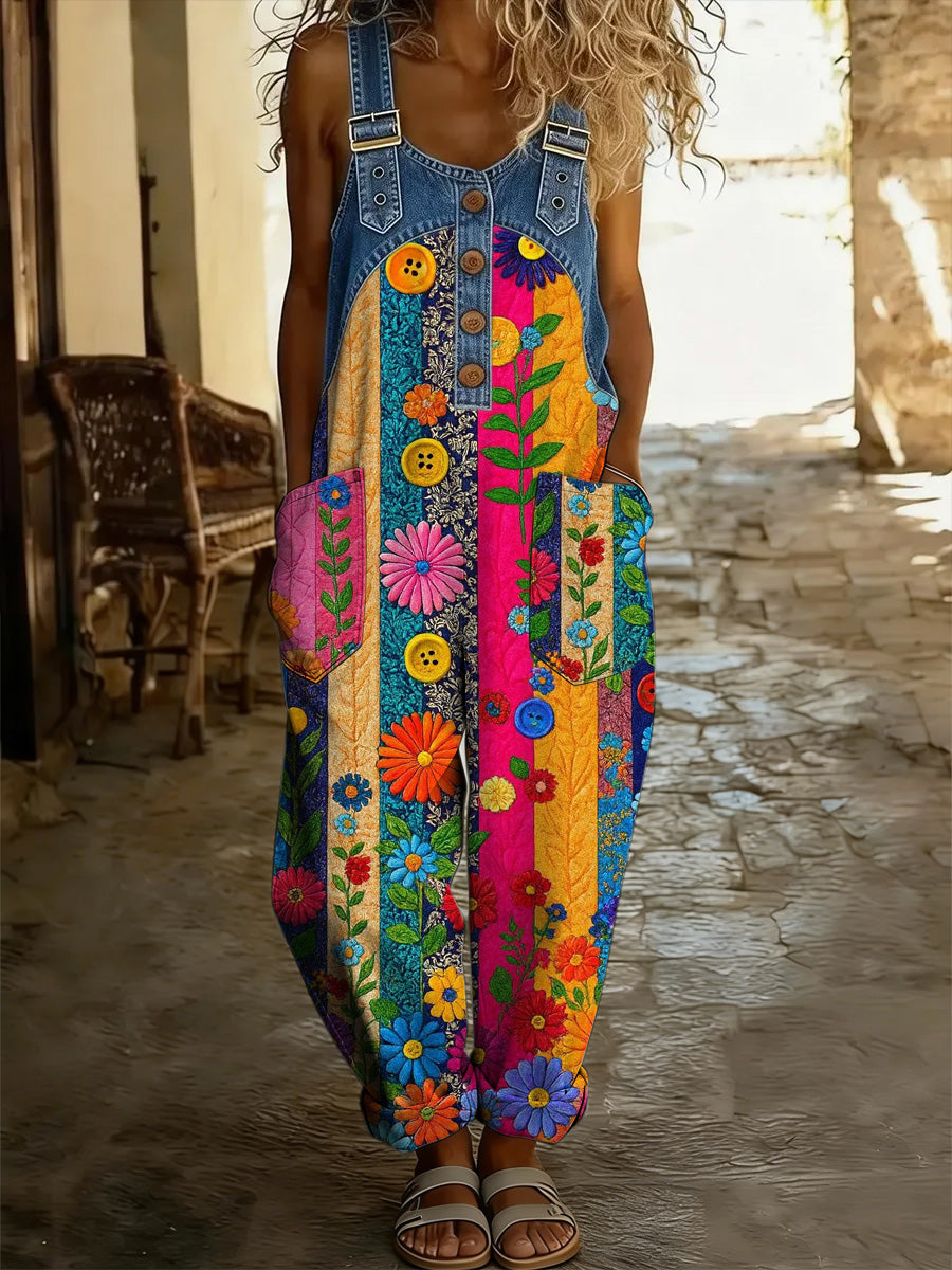 Women's Floral Art Print Washed Cotton Denim Patchwork Jumpsuit