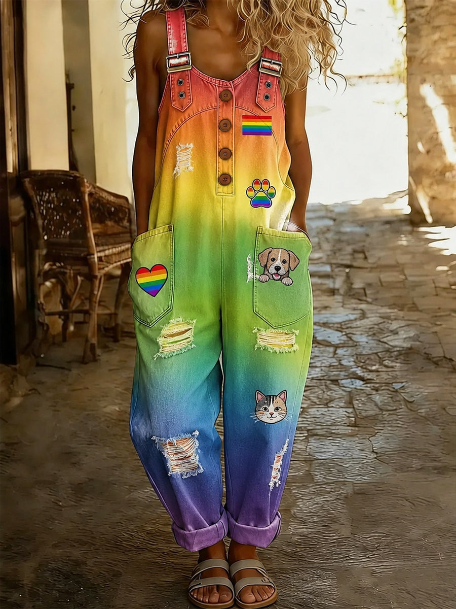 Women's Retro Pride Month Rainbow Art Print Washed Cotton Denim Patchwork Jumpsuit
