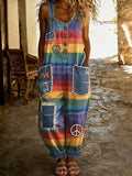 Women's Retro Style Art Print Washed Cotton Denim Patchwork Jumpsuit