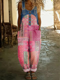 Women's Retro Floral Color-Blocked Art Print Washed Cotton Denim Patchwork Jumpsuit