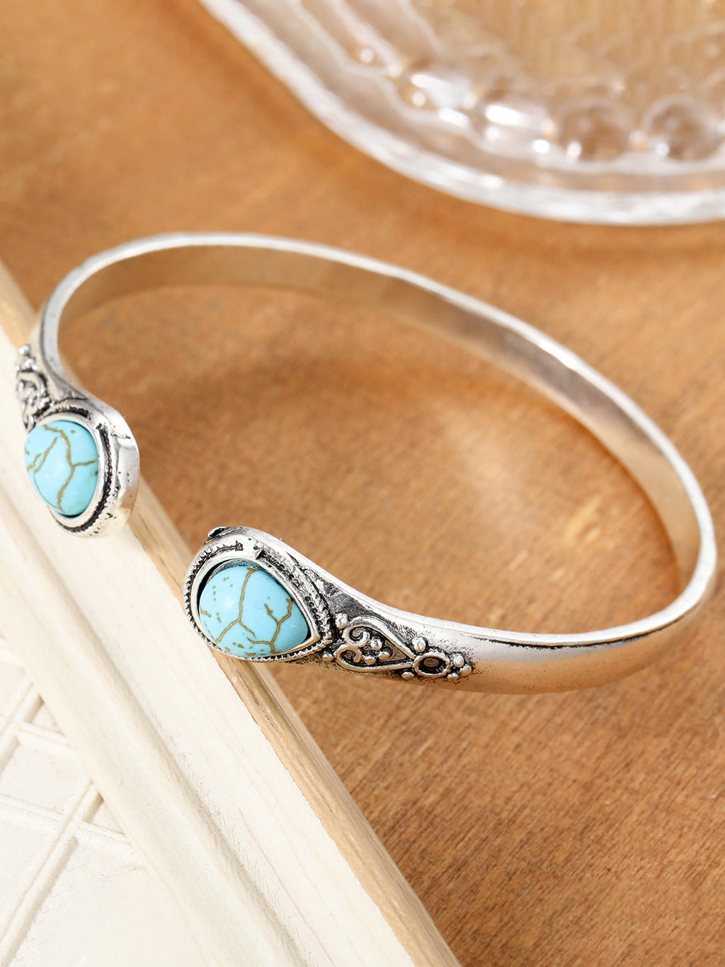 Bohemian Natural Turquoise Vintage Pattern Open Bangle Bracelet