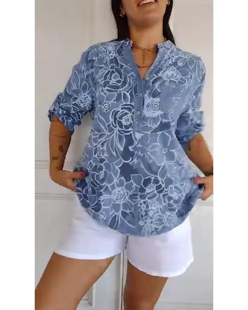 V-Neck Button-Down Printed Blouse