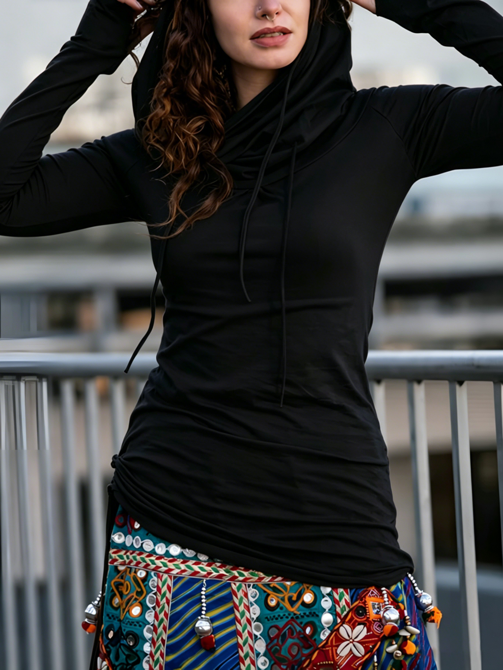 Tribal Cowl Neck Hooded Slim-Fit Long Sleeve Top