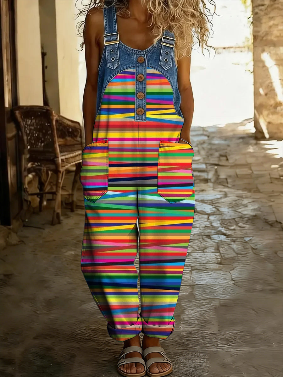 Women's Floral Art Print Washed Cotton Denim Patchwork Jumpsuit