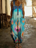 Women's Retro Floral Color-Blocked Art Print Washed Cotton Denim Patchwork Jumpsuit