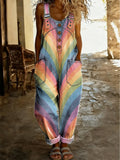 Women's Retro Pride Month Rainbow Art Print Washed Cotton Denim Patchwork Jumpsuit