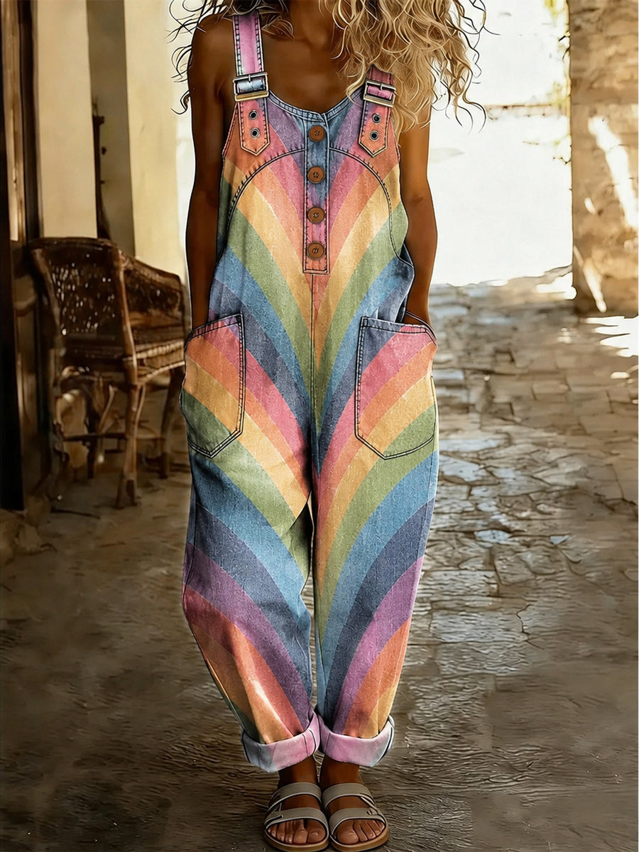 Women's Retro Pride Month Rainbow Art Print Washed Cotton Denim Patchwork Jumpsuit
