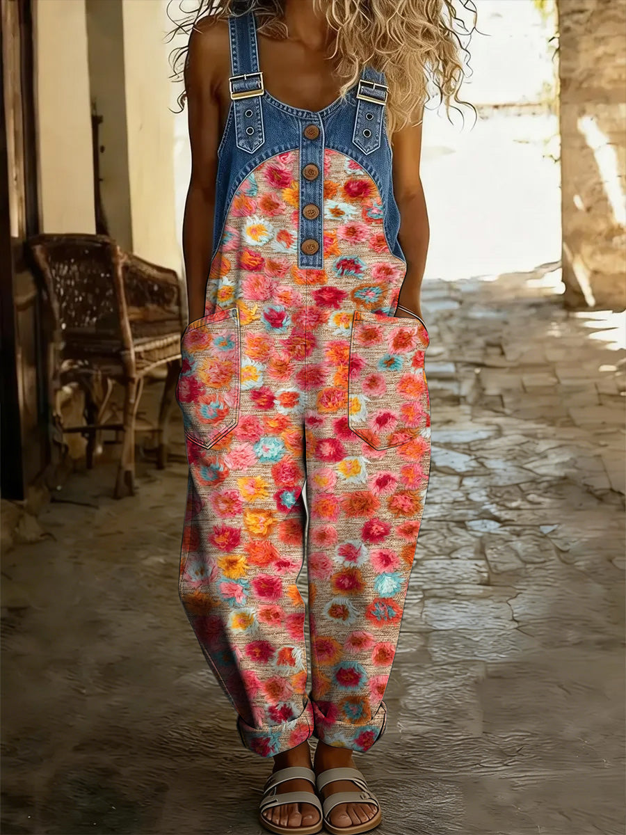 Women's Retro Floral Color-Blocked Art Print Washed Cotton Denim Patchwork Jumpsuit