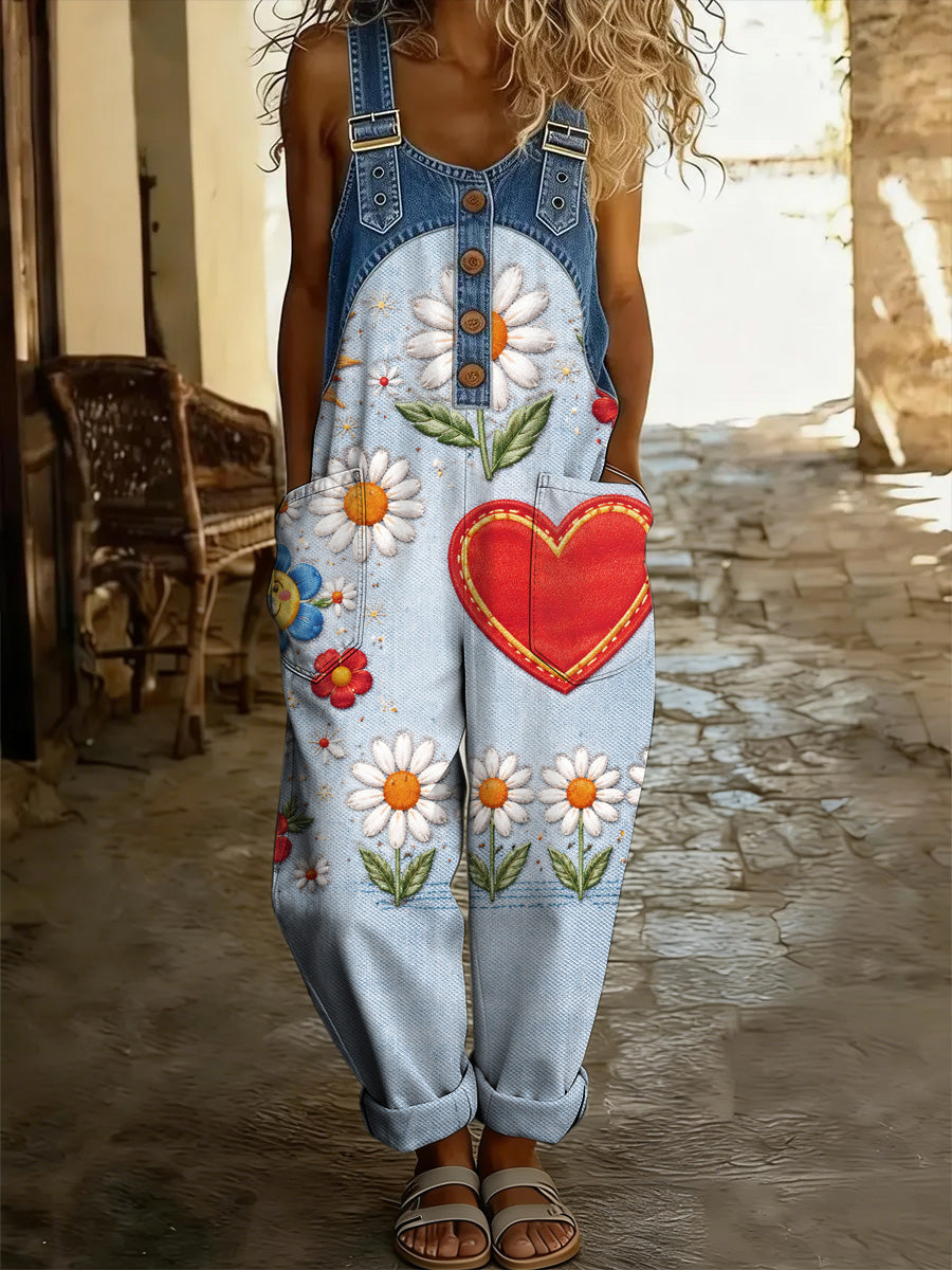 Women's Retro Floral Color-Blocked Art Print Washed Cotton Denim Patchwork Jumpsuit